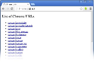 Перечень служебных страниц Chrome  chrome   about     Тонкая настройкa Google Chrome